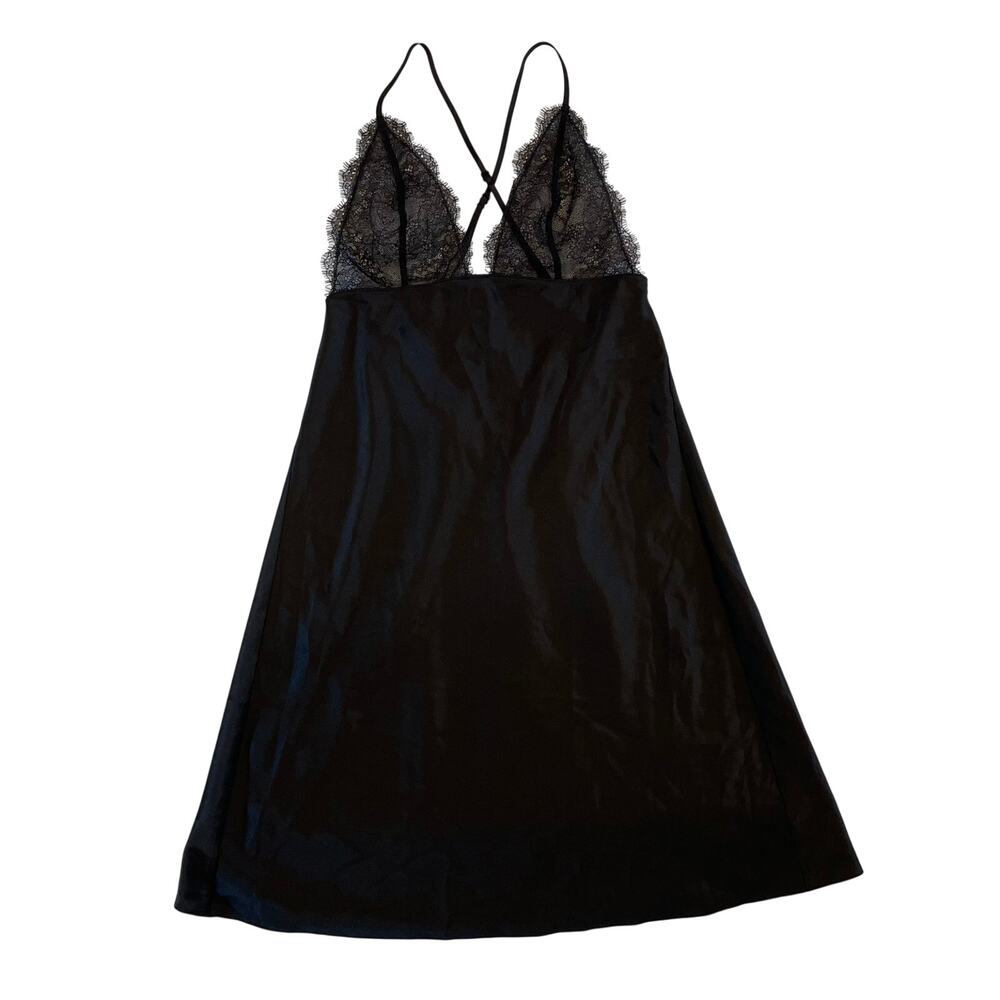 Victoria's Secret Black Satin Mini Slip Dress, Lace Top, Criss Cross Back, S